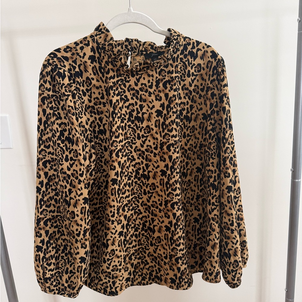 J.Crew Long-Sleeve Ruffle-Neck Top in Leopard 365 Crepe